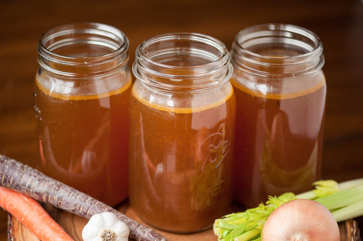 mason jars full of homemade beef broth.