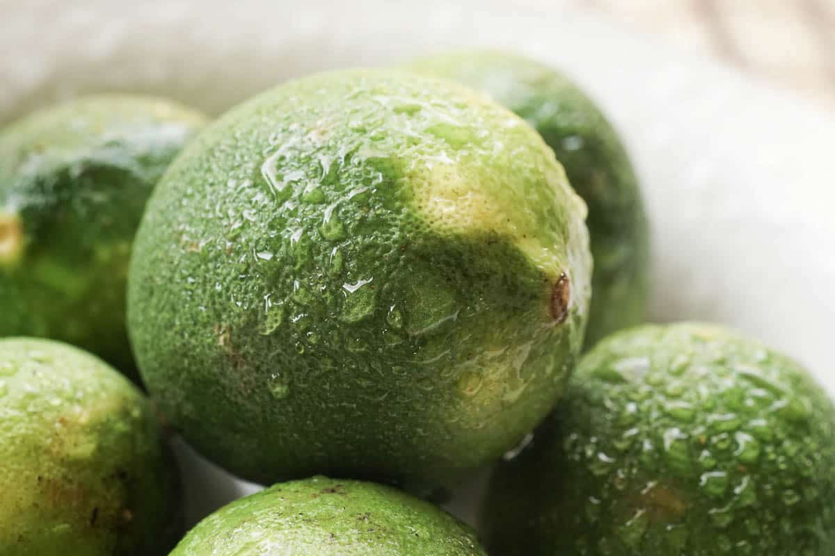 Close up of dewy limes.