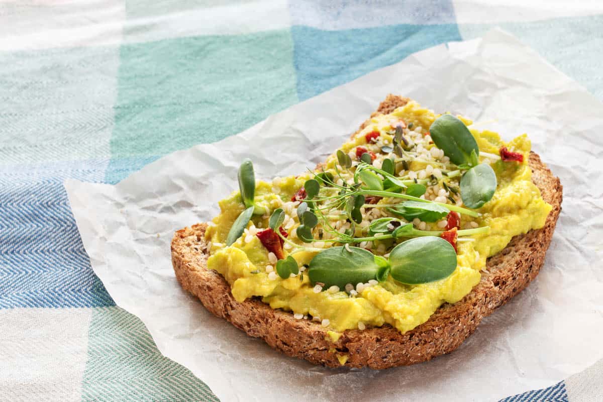 Toast with avocado, microgreens and hemp seeds.