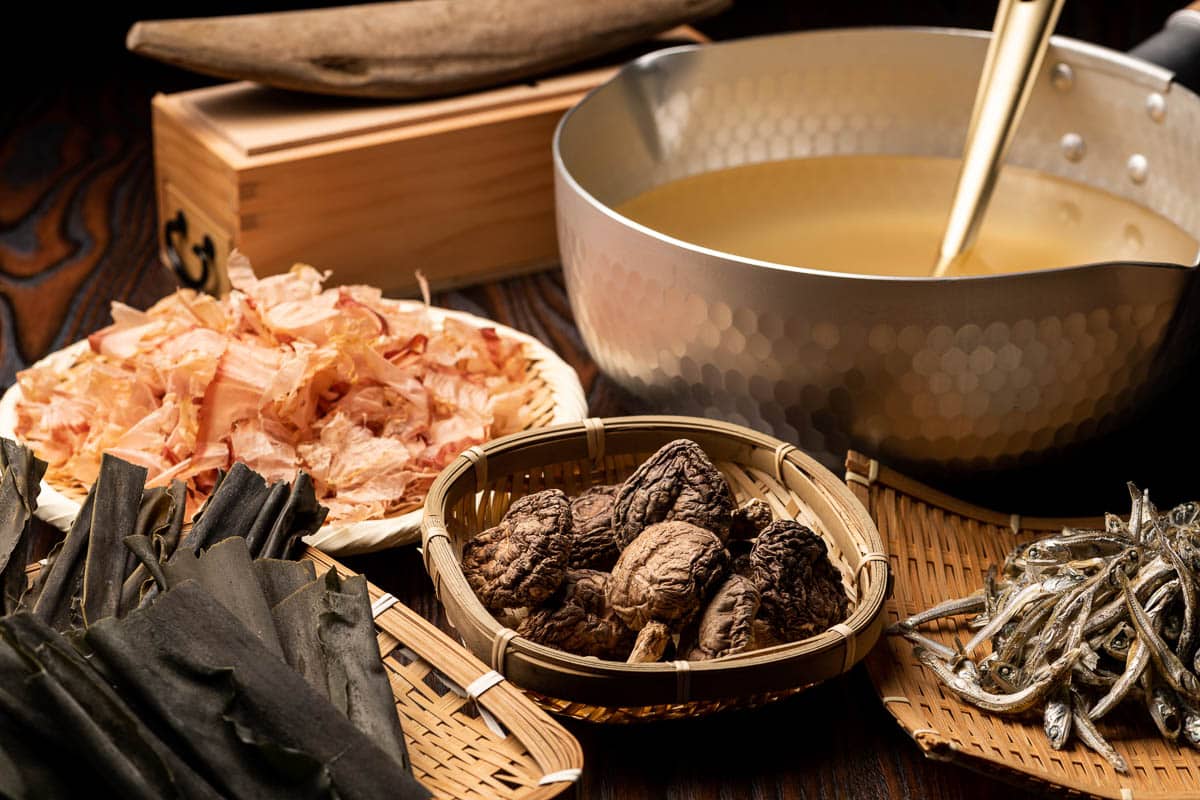 Katsuobushi, Dried shiitake mushrooms, Niboshi, kelp. Making soup stock for Japanese cuisine.