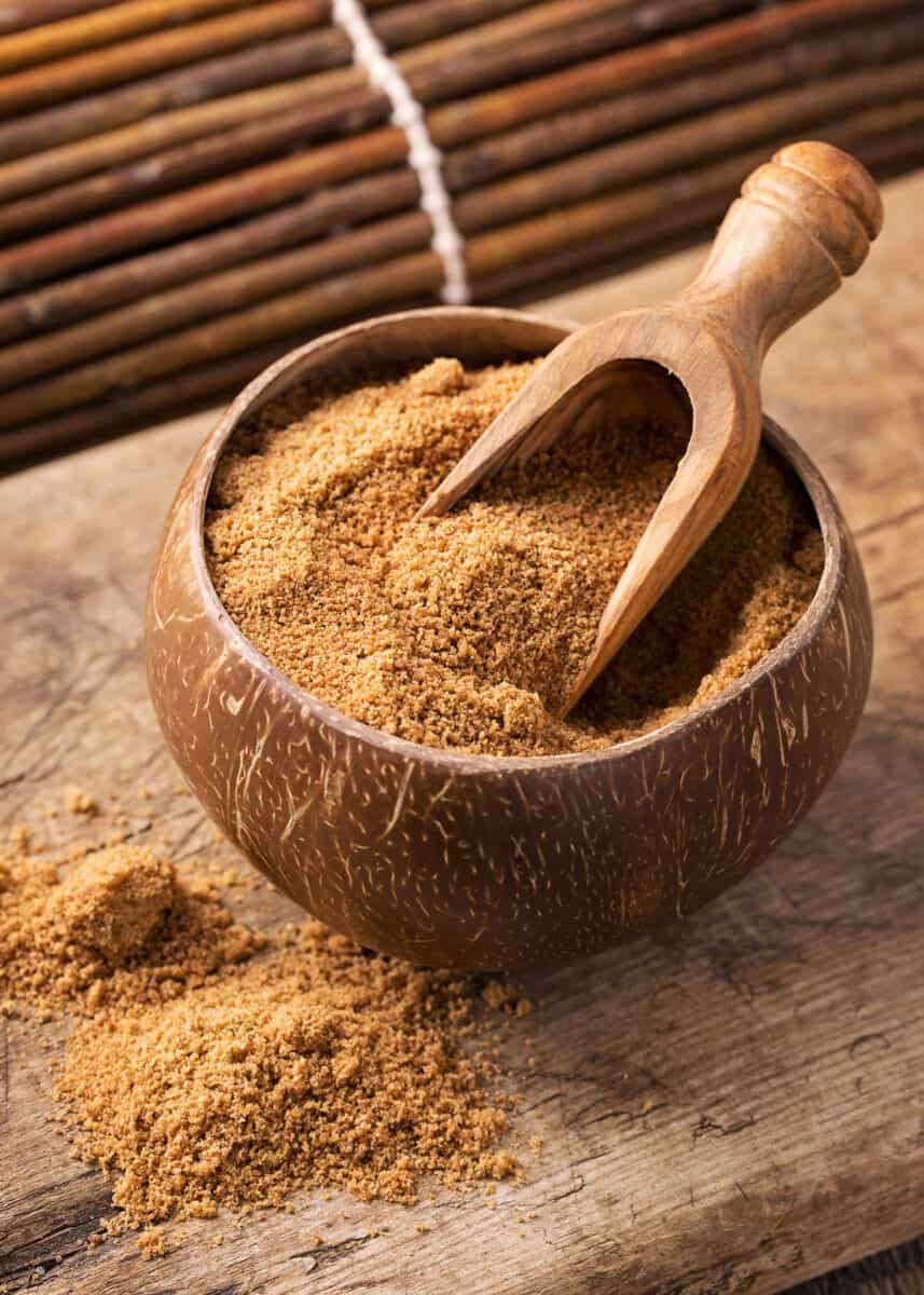 Coconut palm sugar in a bowl.