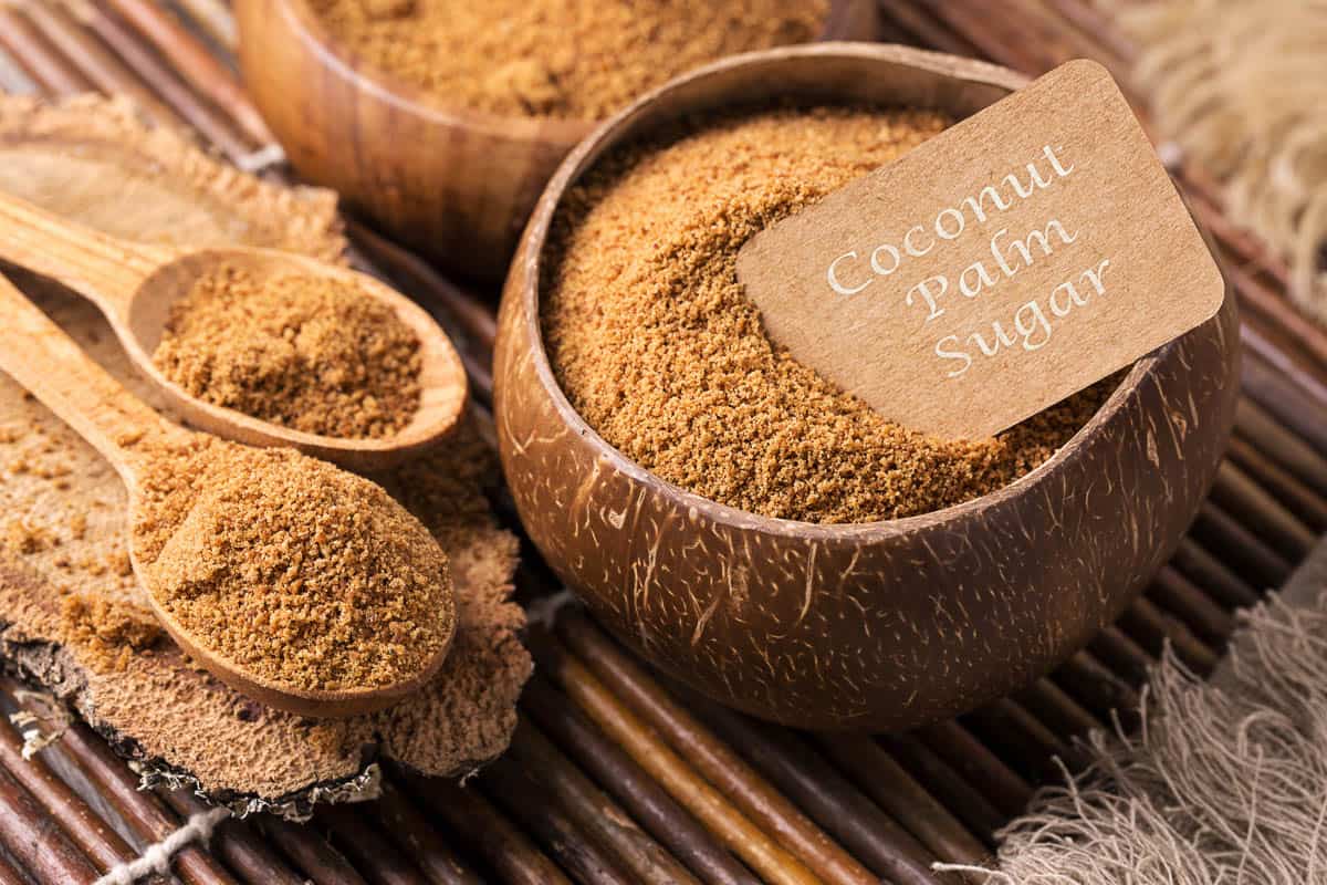 Coconut palm sugar in a bowl.