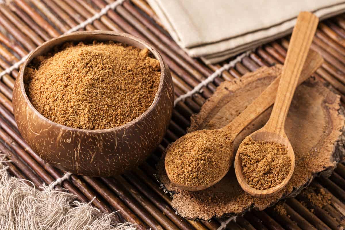 Coconut palm sugar in a bowl.