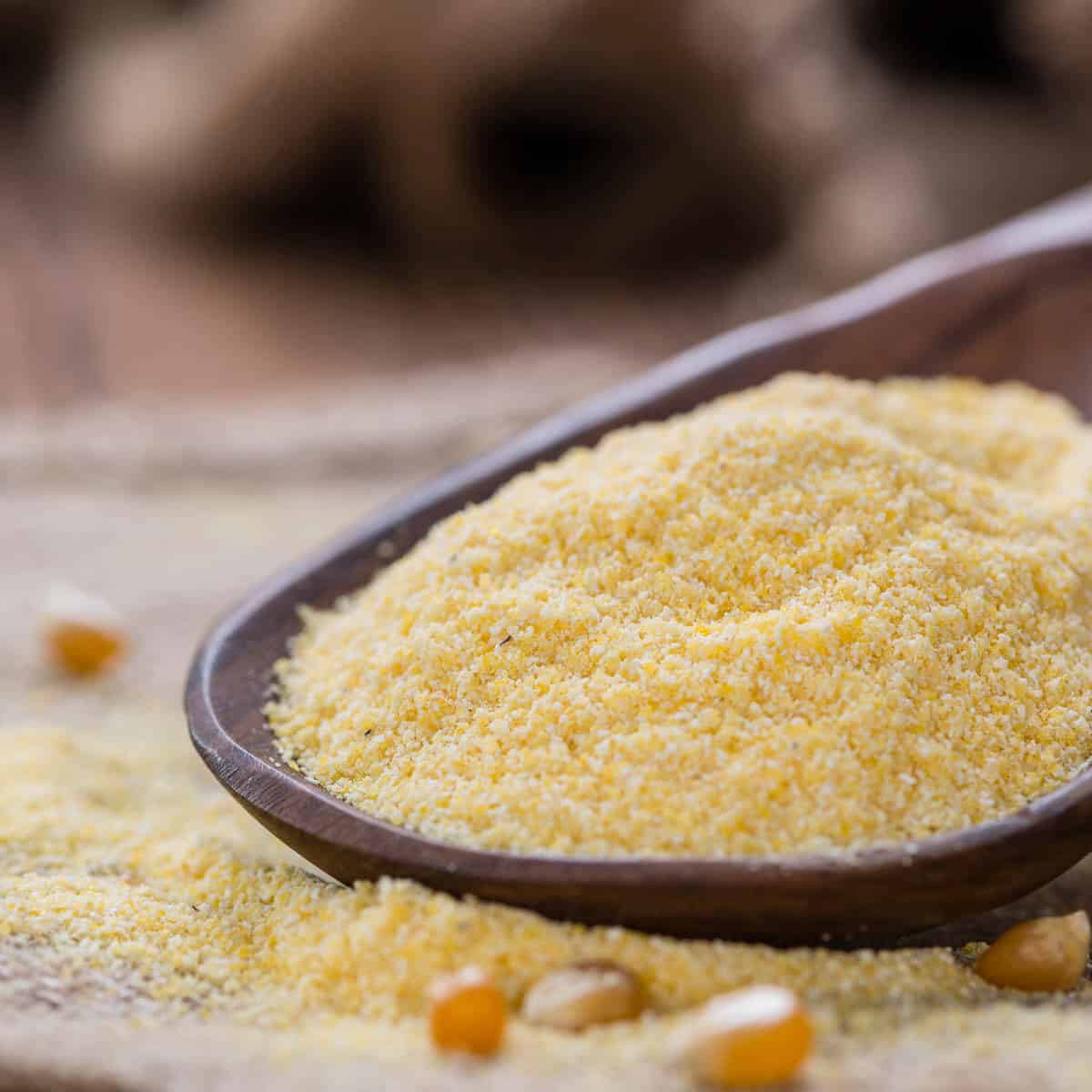 Portion of fresh Cornmeal (close-up shot) on rustic wooden background.