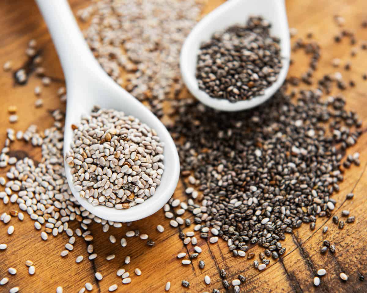 Chia seeds in spoons on wooden background.