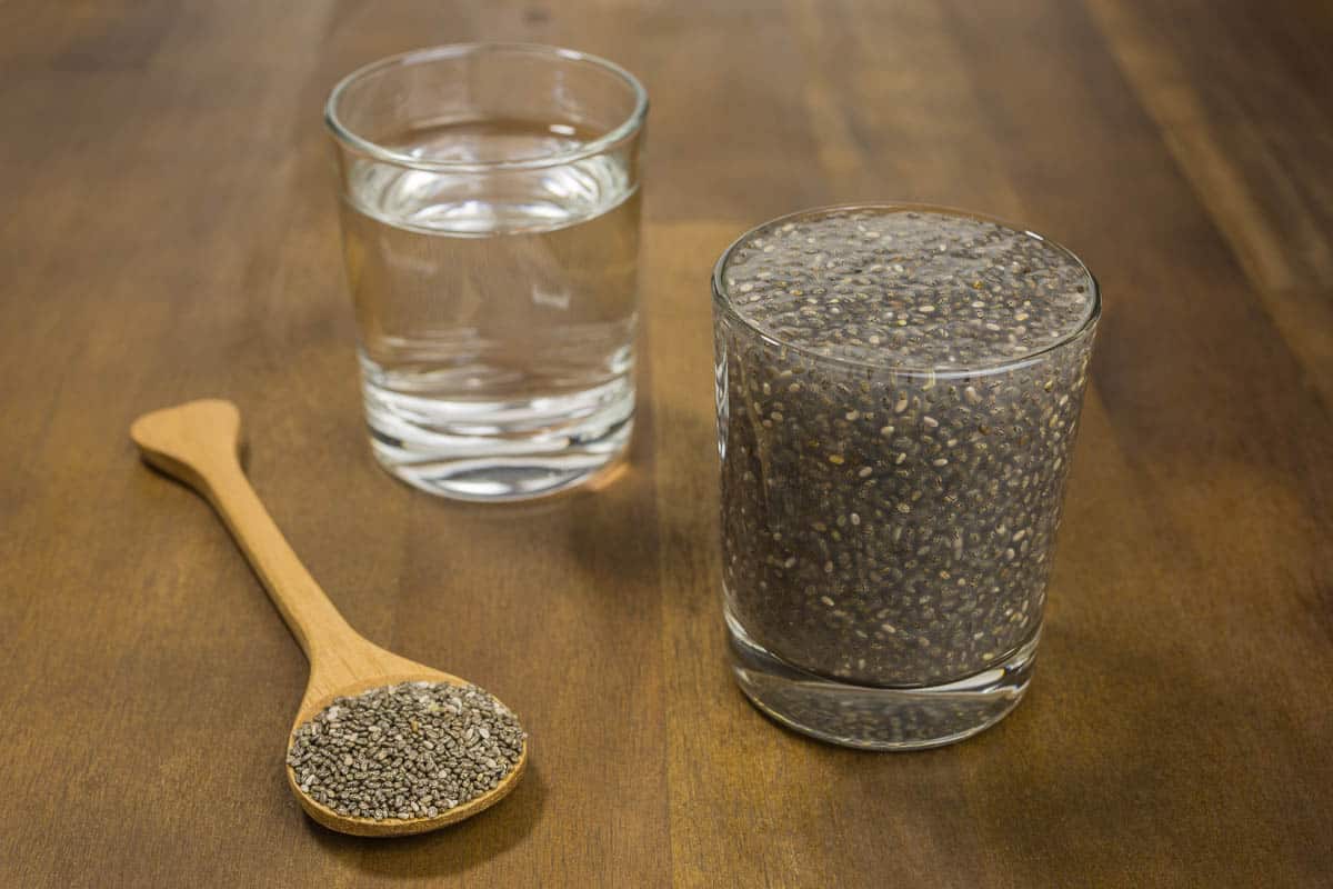 Chia seeds soaking in water.