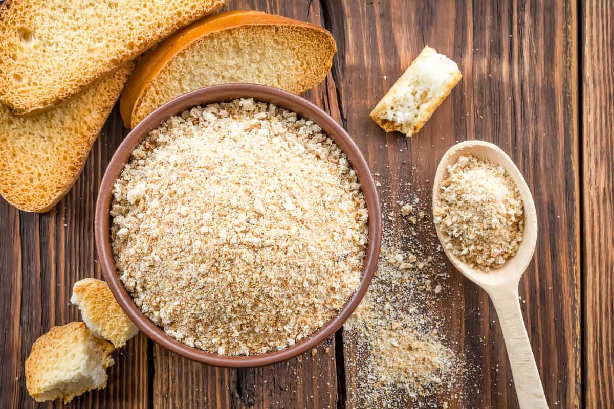 top view of bowl of Breadcrumbs with toast.