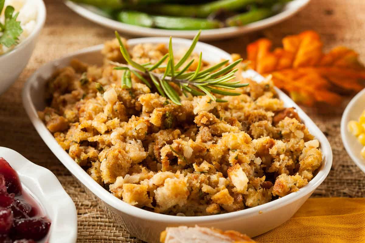 Homemade Thanksgiving Stuffing Made with Bread and Herbs.