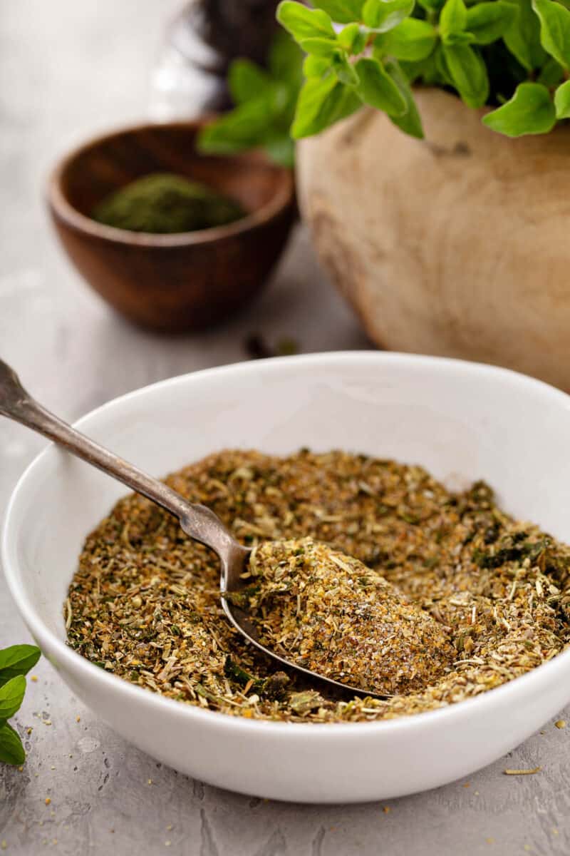 Homemade greek seasoning mix with herbs and spices.