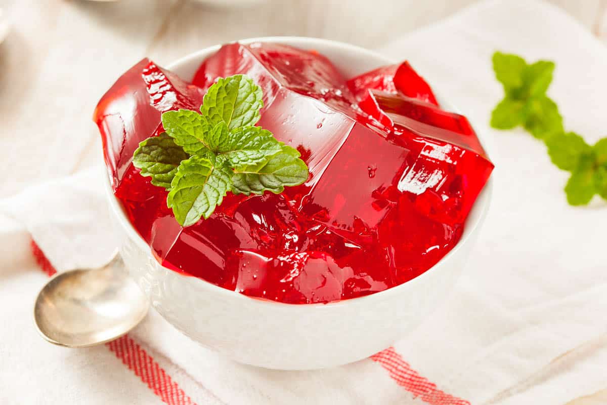 Homemade Red Cherry Gelatin Dessert in a Bowl.