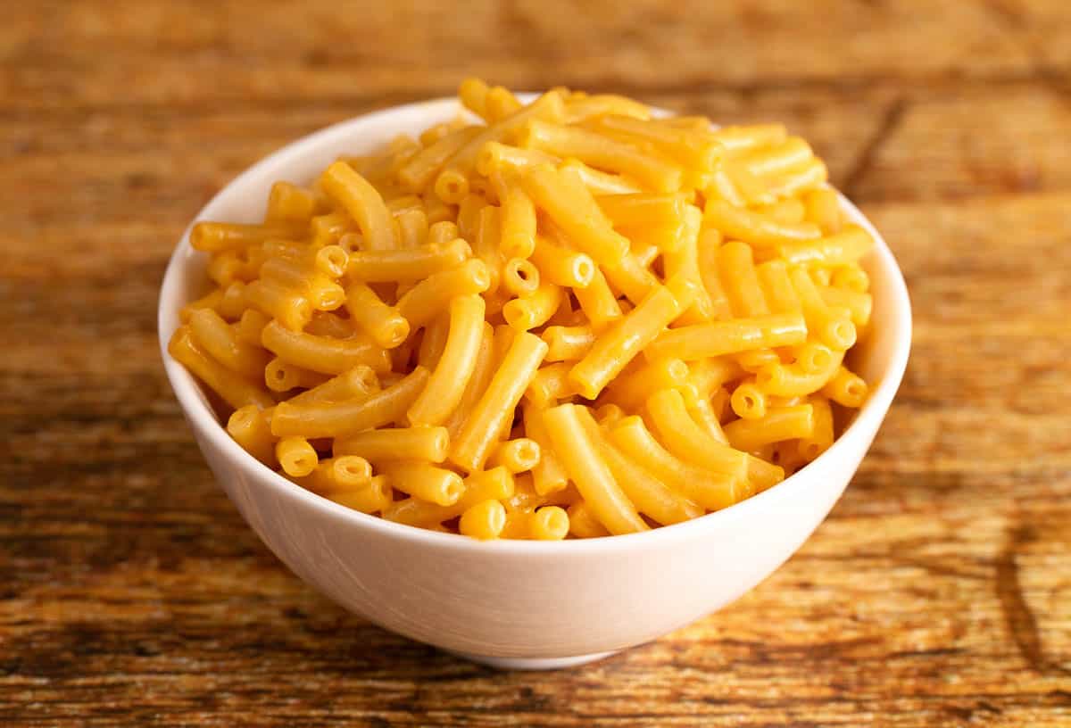 Classic Boxed Mac and Cheese in a White Bowl.
