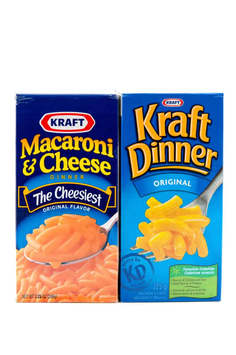 A side-by-side comparison of Kraft dry macaroni and cheese.