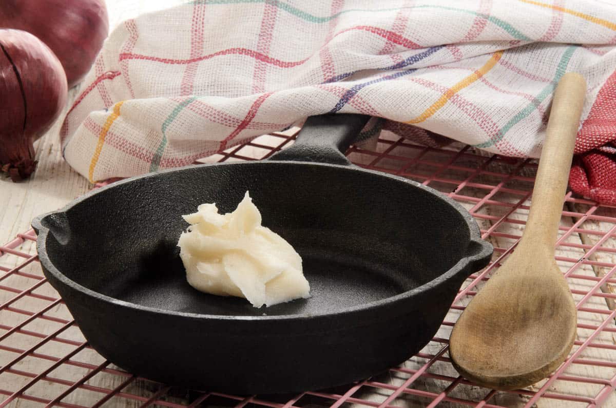 home made pork lard in a cast iron pan.