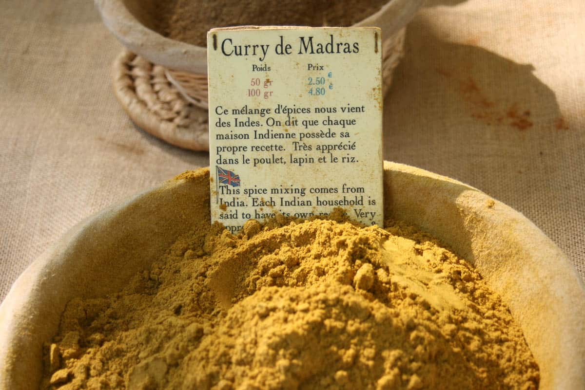 madras curry Spices at a rural French market.