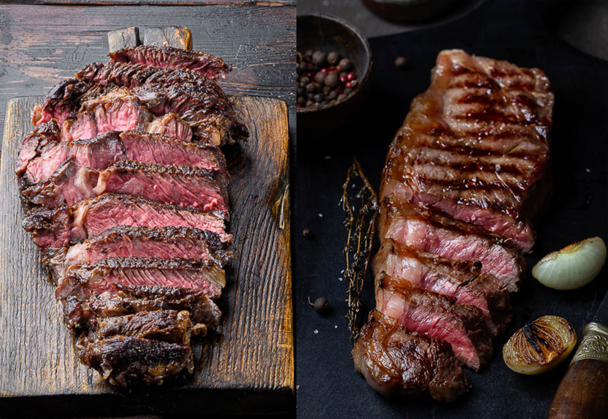 side by side comparison of cooked sliced ribeye and new york strip steaks.