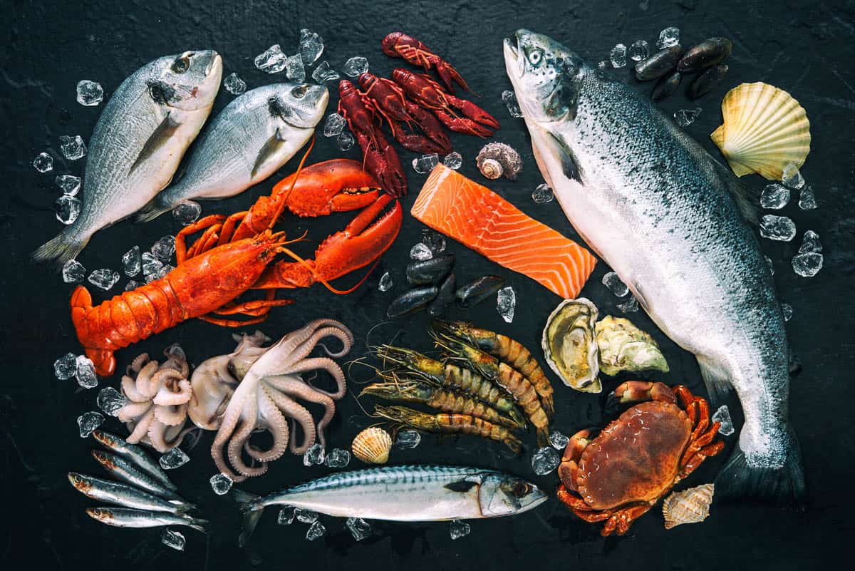Fresh fish and seafood arrangement on black stone background.