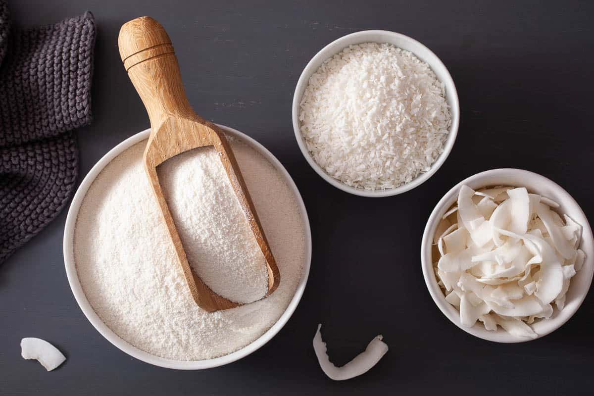 coconut flour, shredded coconut, and coconut flakes