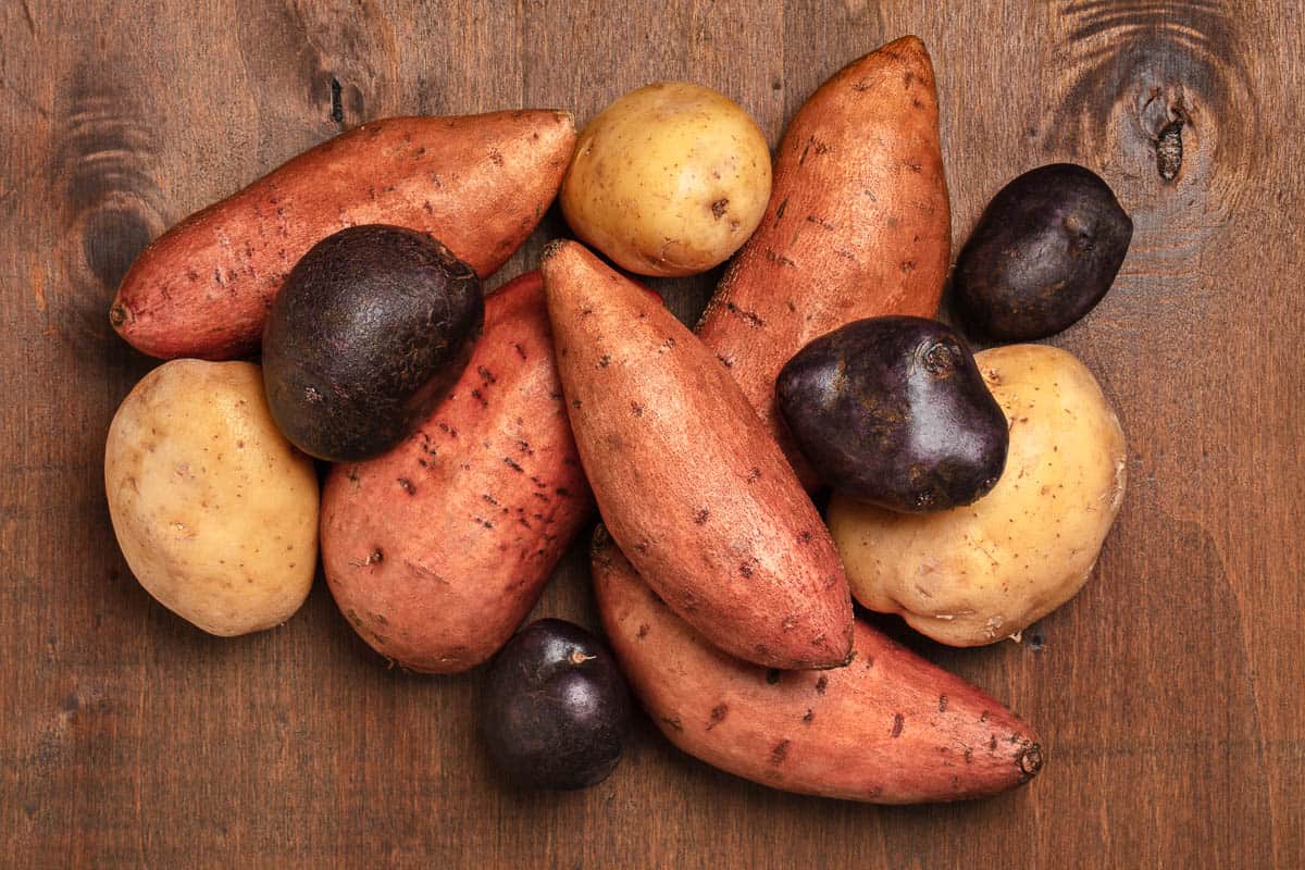 A variety of new potatoes, sweet potatoes, and purple potatoes on a wooden background.