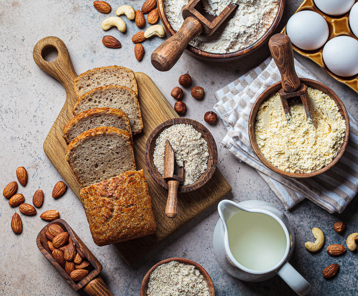 Different types of nut flour - almond, hazelnut, cashew and baking ingredients.