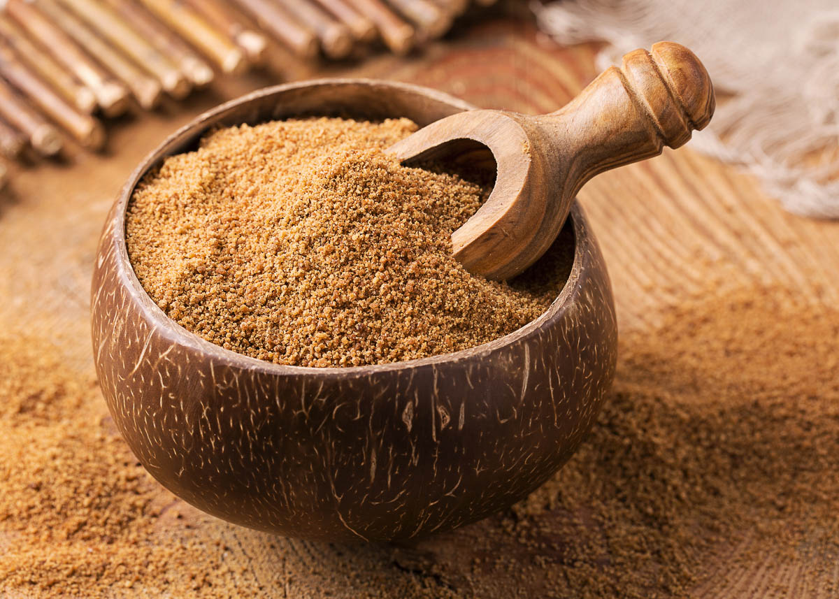 Coconut palm sugar in a bowl.