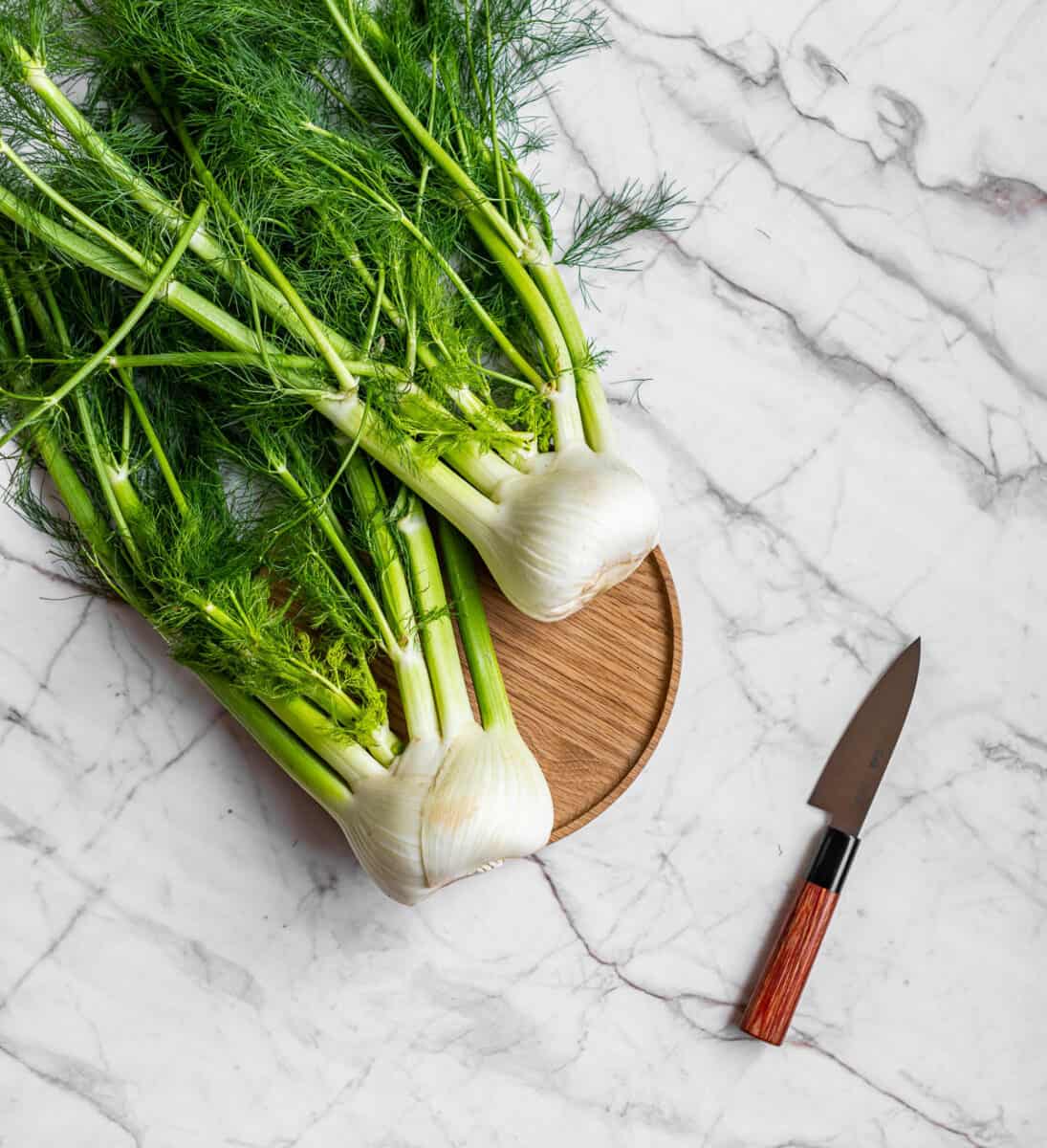 Fennel Bulbs with Wooden Board and Knife.