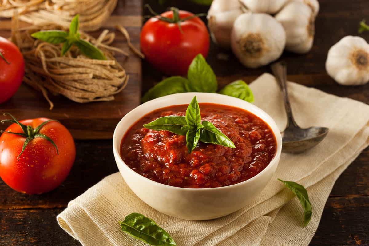 Homemade Red Italian Marinara Sauce with Basil and Garlic.